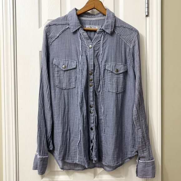 Free People We The Free Blue White Stripe Button Down Shirt Women’s Size Medium - Picture 2 of 8
